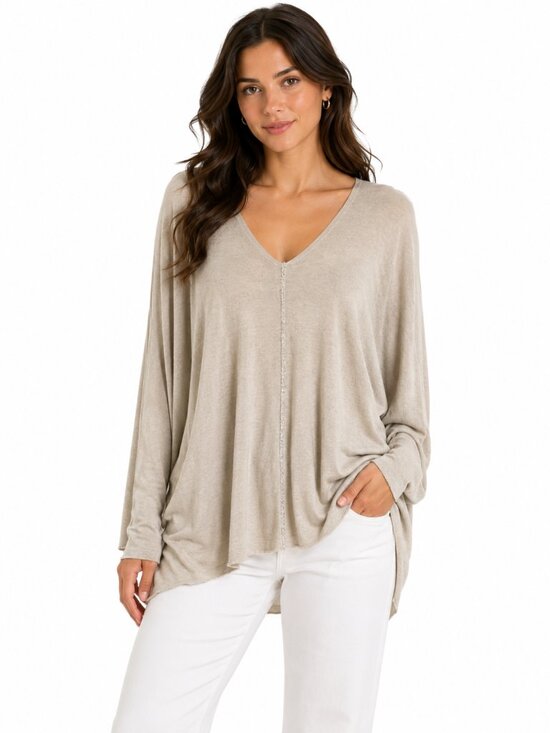 Venti6 Sweaters - VENTI6 Made in Italy Beige V-Neck Sweater Silver Metallic Foil Piping Trim M